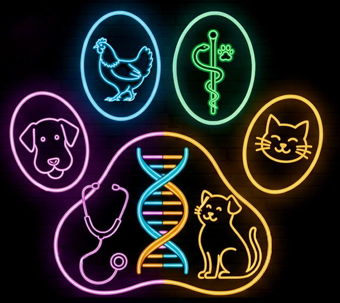 PawGen Insights logo: a neon pawprint with a dog, cat, DNA helix and stethoscope